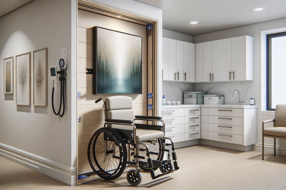 Entrée accessible PMR d'un cabinet médical sans ressaut avec largeur de porte conforme