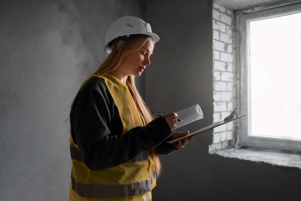 Expert en assurance construction réalisant une visite d'expertise après déclaration de sinistre dommages-ouvrage