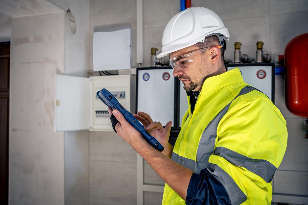 Diagnostiqueur énergétique réalisant un audit énergétique dans un logement classé F ou G passoire thermique