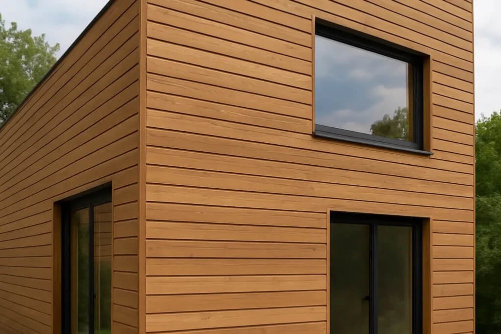 Bardage extérieur en bois posé sur la façade d'une maison individuelle, combiné à une isolation thermique par l'extérieur