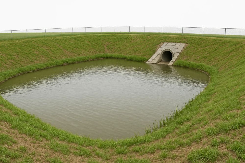 Bassin de rétention à ciel ouvert intégré à l'aménagement paysager d'une parcelle pour la gestion des eaux pluviales