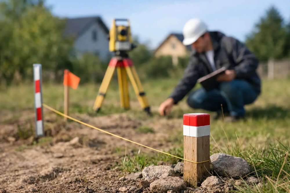 Géomètre-expert réalisant un bornage de terrain avec pose de bornes en limite de propriété