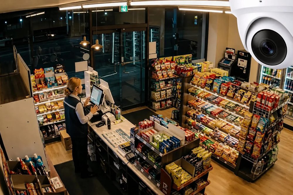 Caméra de sécurité positionnée au-dessus de la caisse d'un magasin avec un champ de vision limité à la zone de vente
