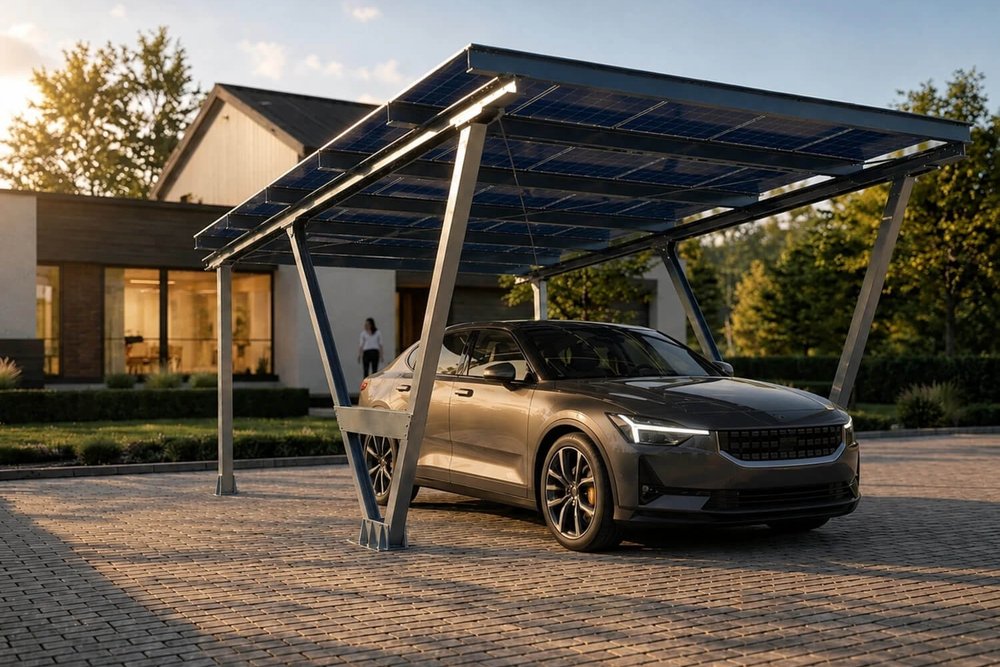 Carport photovoltaïque individuel couvrant deux places de stationnement devant une maison