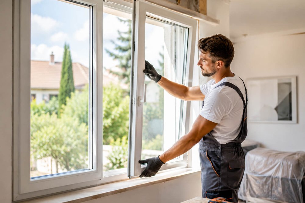 Installation de nouvelles fenêtres en PVC sur la façade d'une maison individuelle en cours de rénovation énergétique