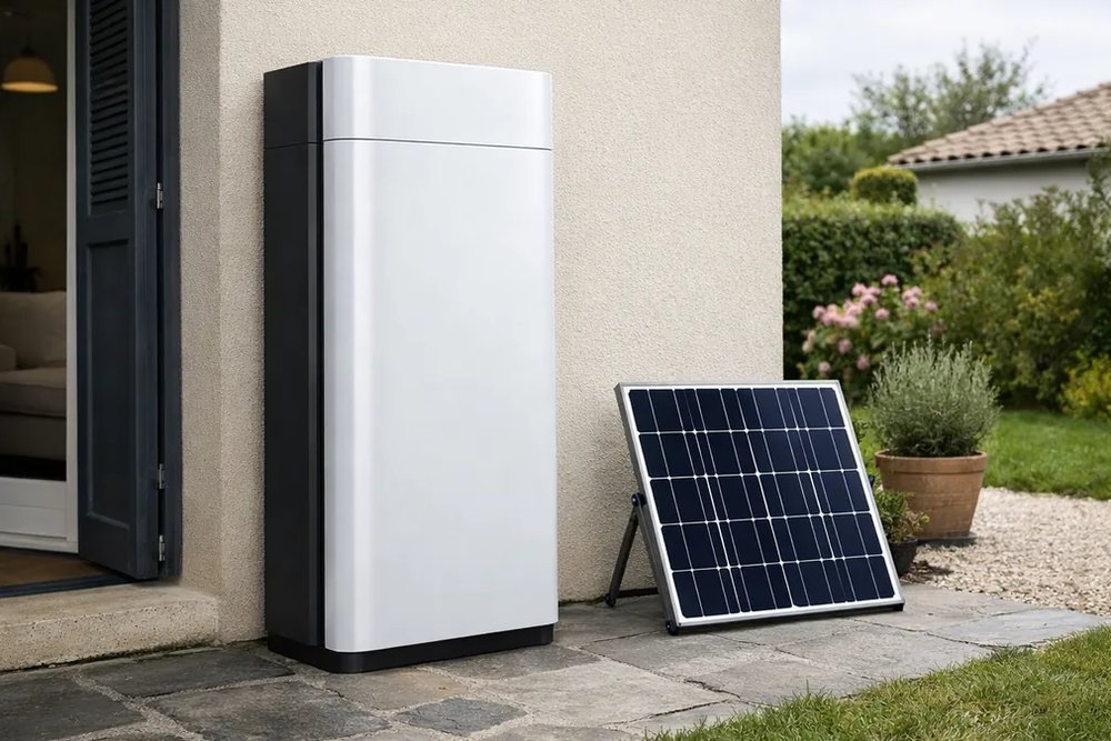 Armoire technique étanche pour batterie solaire installée sur une façade extérieure
