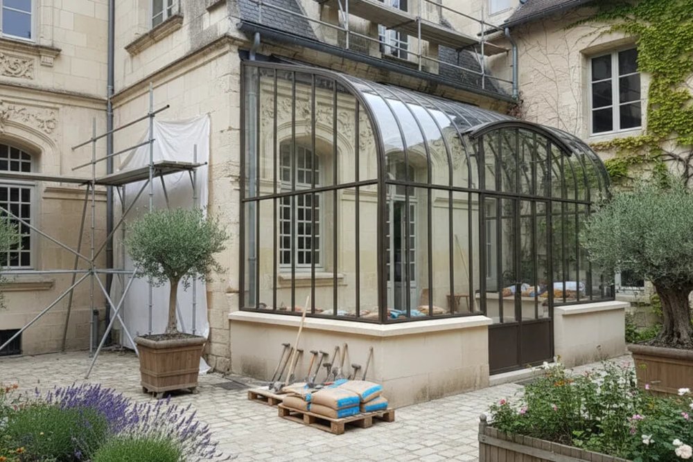 Vue d'une verrière et d'une extension contemporaine validées par l'ABF