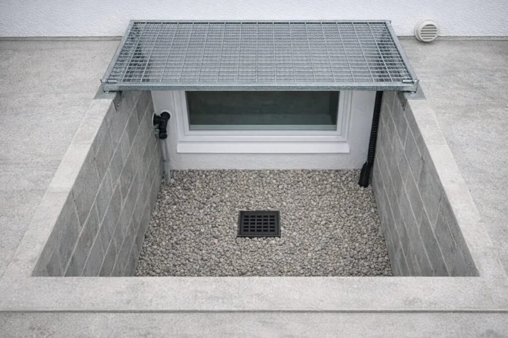 Cour anglaise creusée le long d'un mur enterré pour apporter lumière naturelle à un sous-sol de maison individuelle