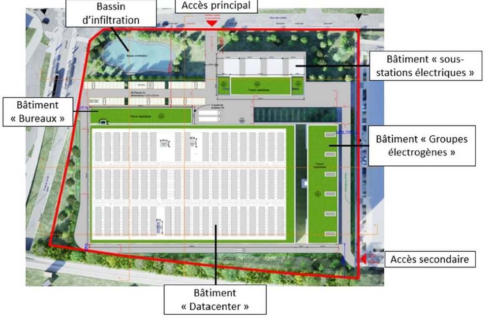 Plan de masse d'un data center intégrant les contraintes du permis de construire et de l'autorisation ICPE
