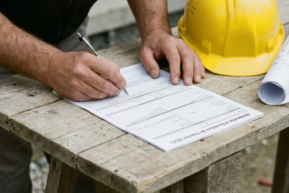Panneau de permis de construire affiché sur un terrain au moment de la déclaration d'ouverture de chantier