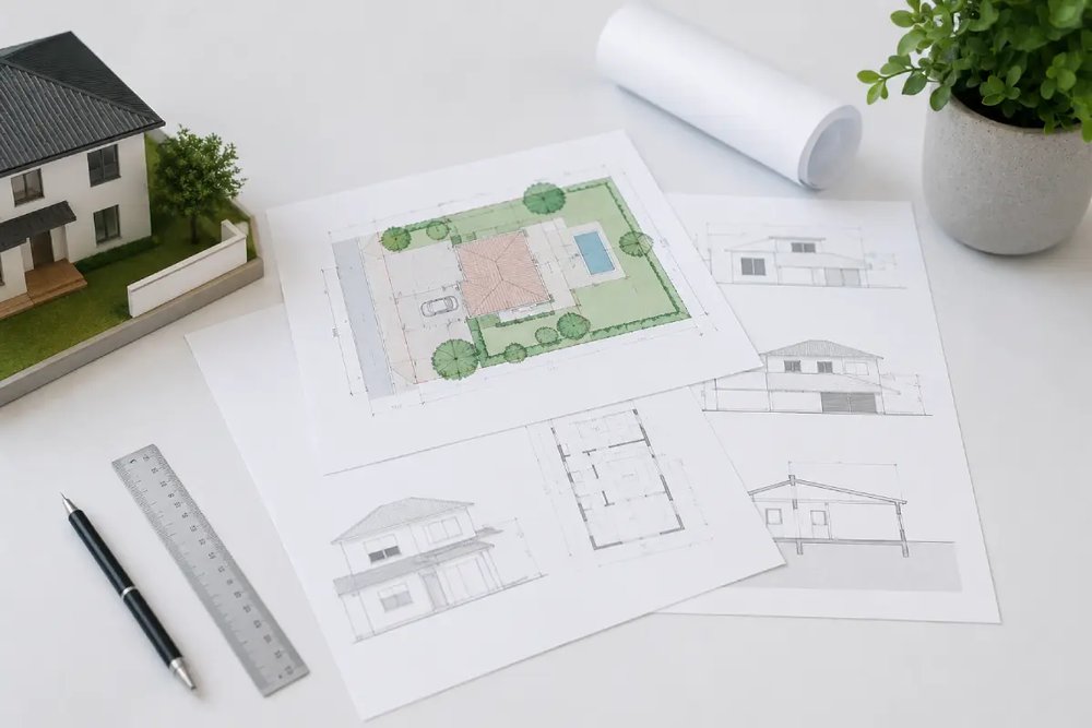 Dossier d'urbanisme complet avec plans de façades et formulaire officiel prêt à être déposé en mairie