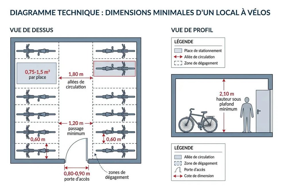 Plan de dimensionnement d'un local à vélo calculé selon le ratio de surface applicable à un immeuble d'habitation collective