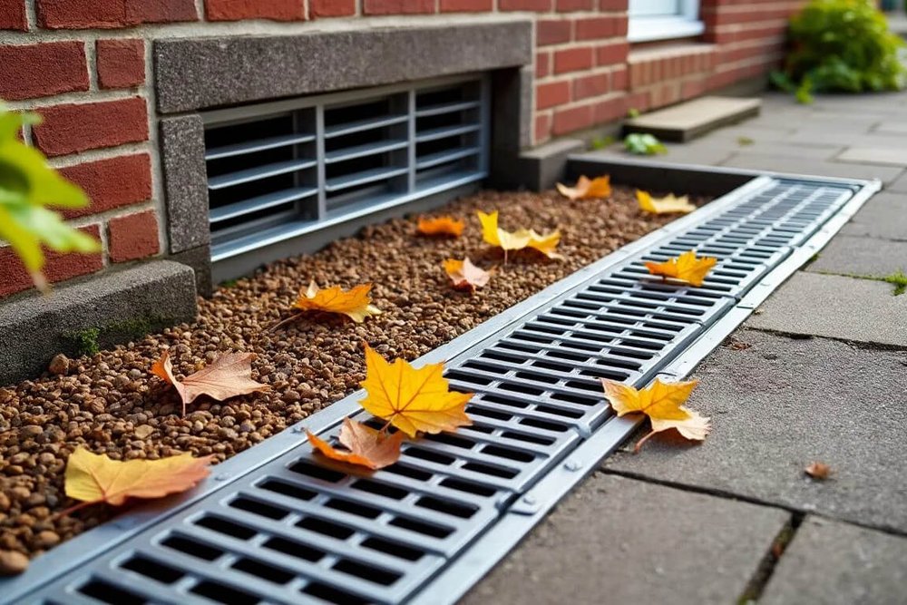 Système de drainage périphérique installé autour d'une cour anglaise pour prévenir les infiltrations d'eau vers le sous-sol