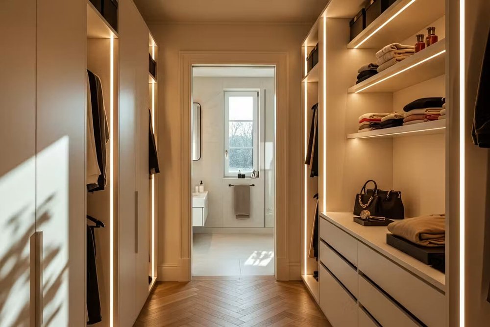 Dressing traversant intégré entre la chambre et la salle de bains d'une suite parentale