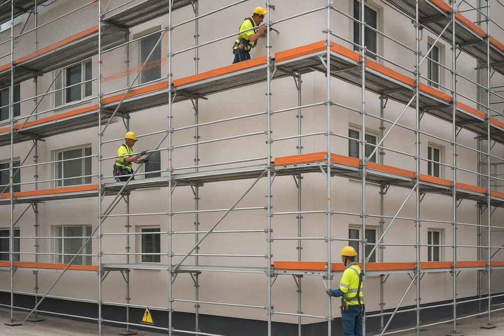 Échafaudage installé sur la façade d'un immeuble en copropriété pour des travaux combinés de ravalement et d'isolation