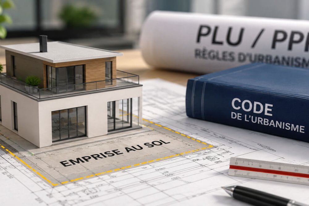 Calcul de l'emprise au sol d'un projet intégrant un débord de toiture, une terrasse couverte et un carport