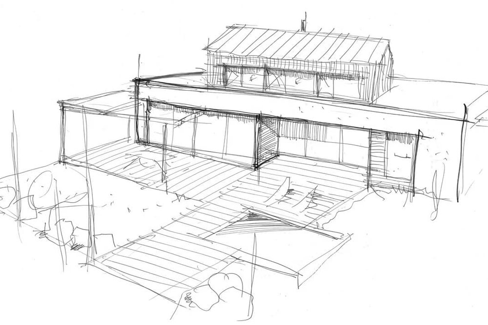 Esquisse d'un avant-projet de construction positionnant les grands volumes sur le terrain