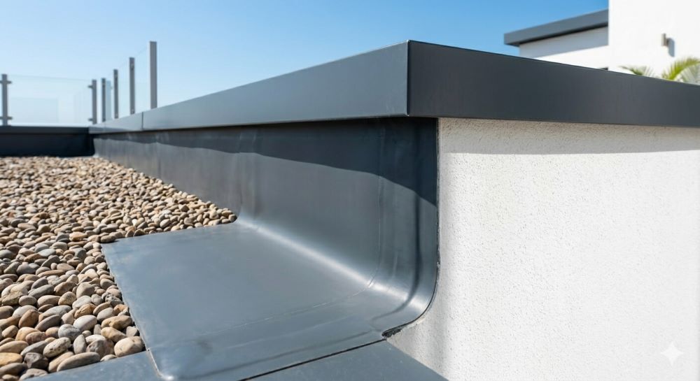 Détail de relevé d'étanchéité sur acrotère d'un toit-terrasse conforme au DTU 43.1, point critique des infiltrations