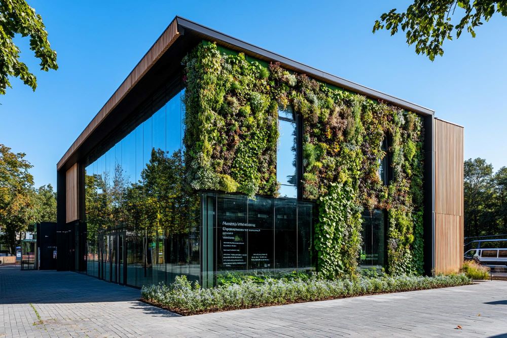 Façade végétalisée avec plantes grimpantes contribuant au coefficient de biotope par surface d'un bâtiment urbain