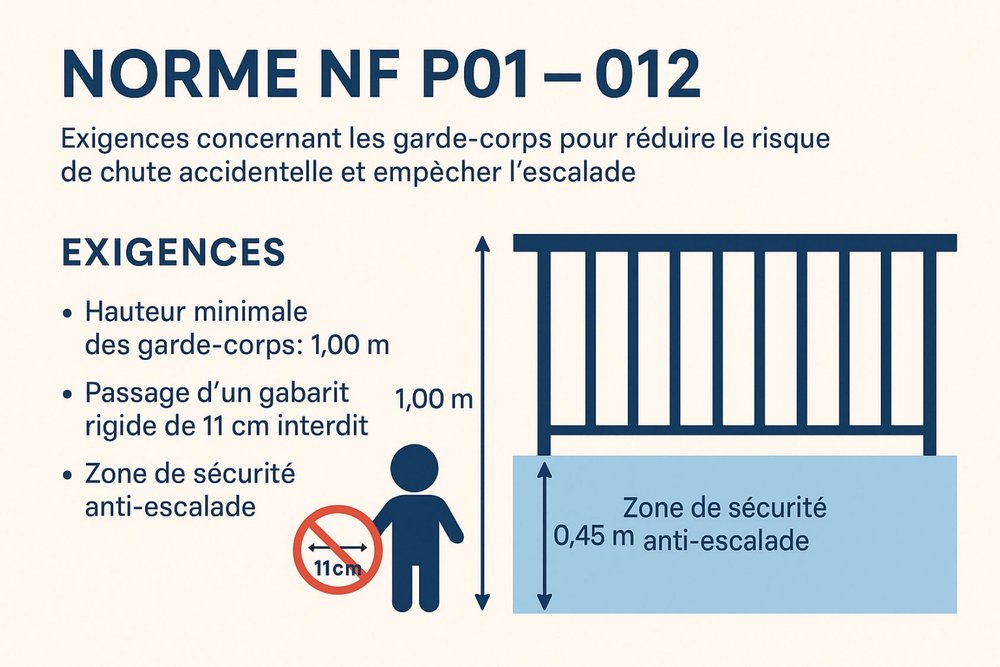 Schéma des hauteurs réglementaires de garde-corps selon la norme NF P01-012 pour différentes configurations de chute