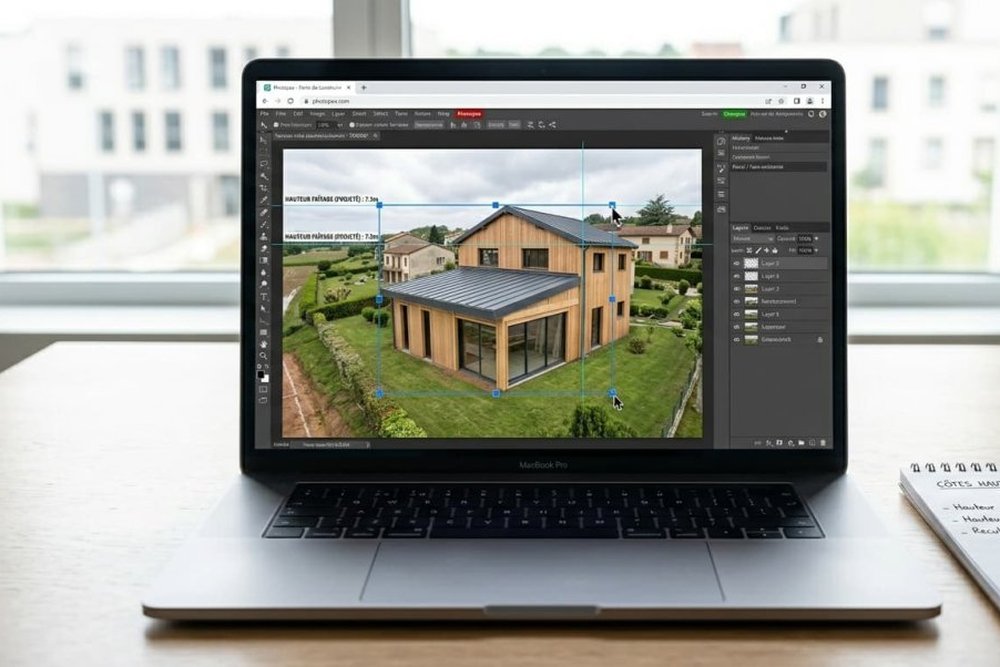 Rendu 3D réaliste d'une maison individuelle insérée dans son environnement patrimonial protégé