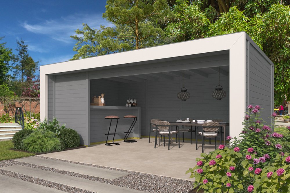 Photomontage d'insertion paysagère intégrant un pool house maçonné dans un jardin arboré avec piscine