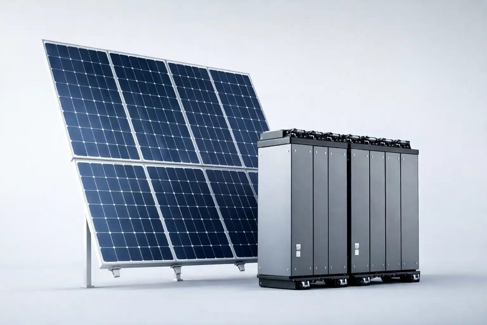 Batterie de stockage stationnaire installée près d'un onduleur hybride photovoltaïque