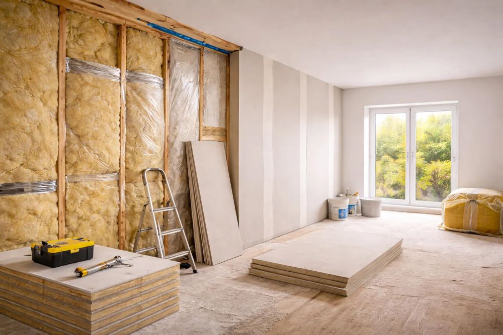 Chantier d'isolation thermique par l'intérieur avec pose de plaques de plâtre sur rails métalliques et laine de roche