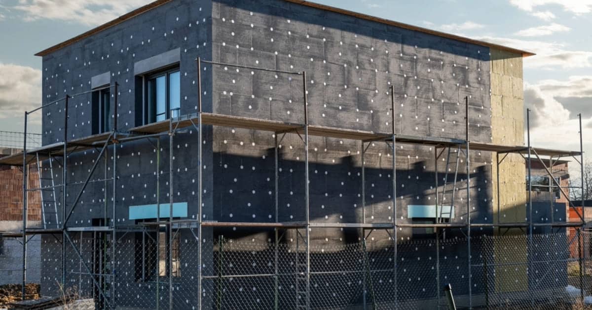 Chantier d'isolation thermique par l'extérieur en cours sur une maison individuelle