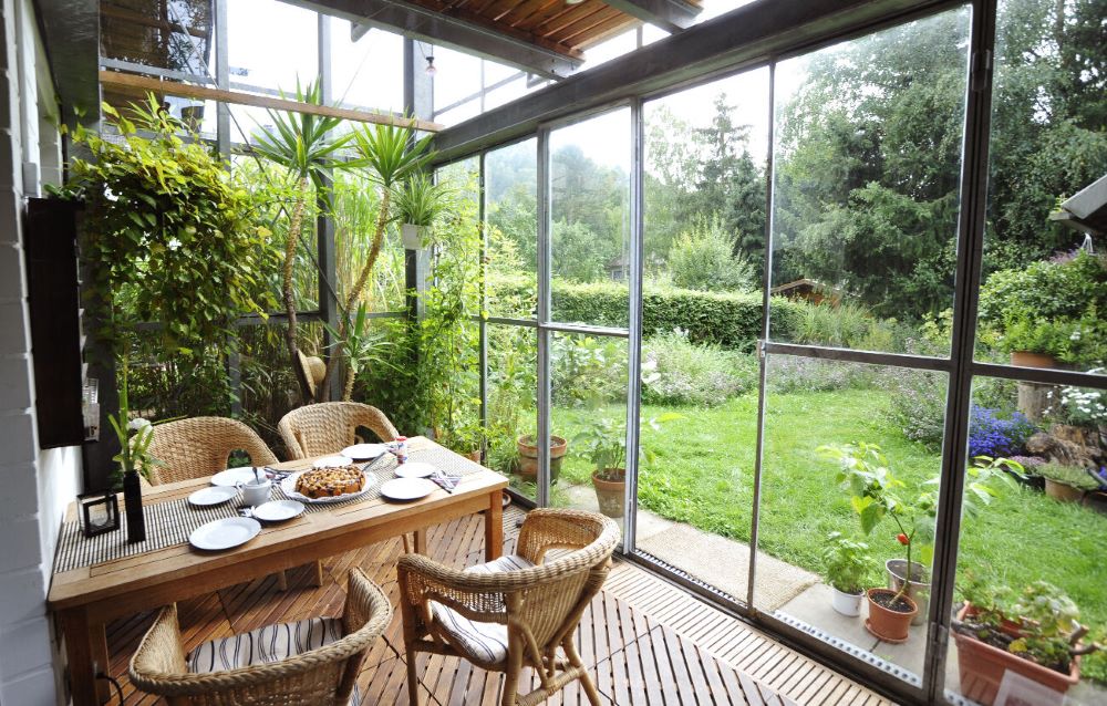 Jardin d'hiver non chauffé avec plantes tropicales, parois vitrées simples et aucun système de chauffage permanent