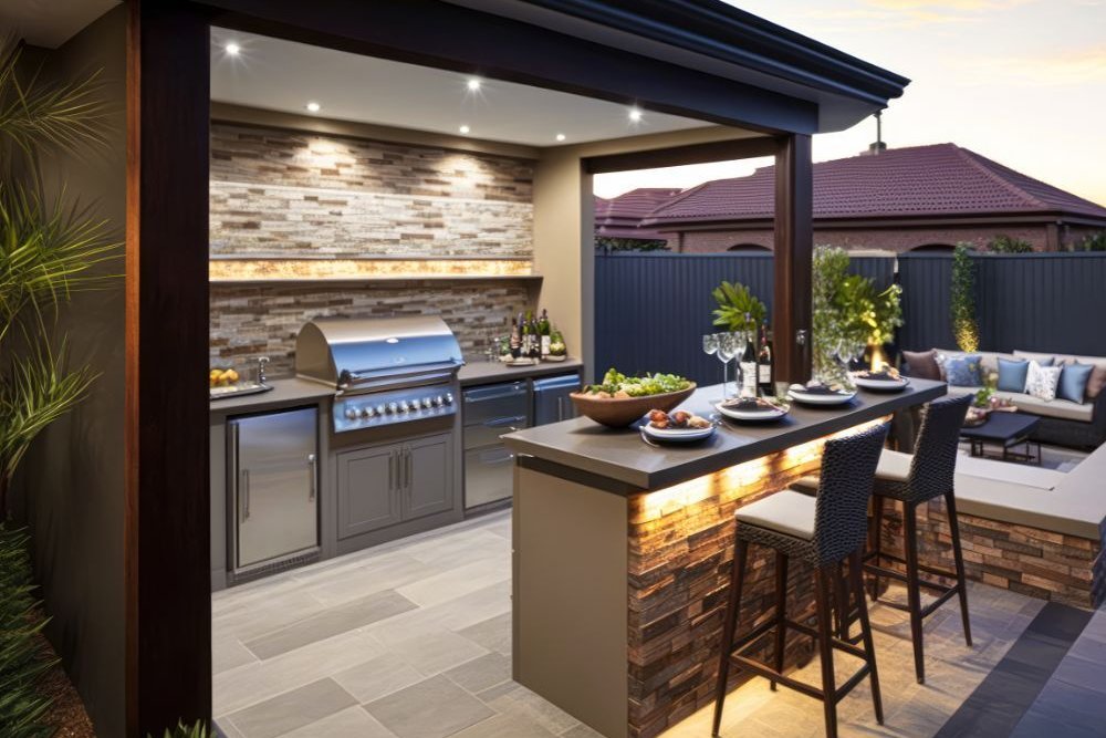 Kitchenette de jardin couverte par une toiture fixe, structure soumise aux seuils classiques de déclaration préalable