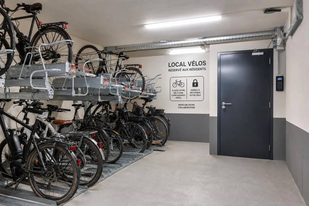 Local vélo sécurisé aménagé dans le parking d'une copropriété avec arceaux d'accroche