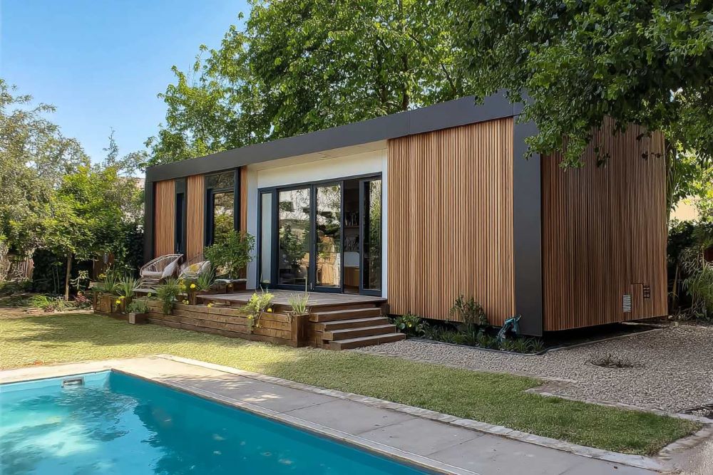 Maison container avec habillage bardage bois et grande baie vitrée, architecture contemporaine