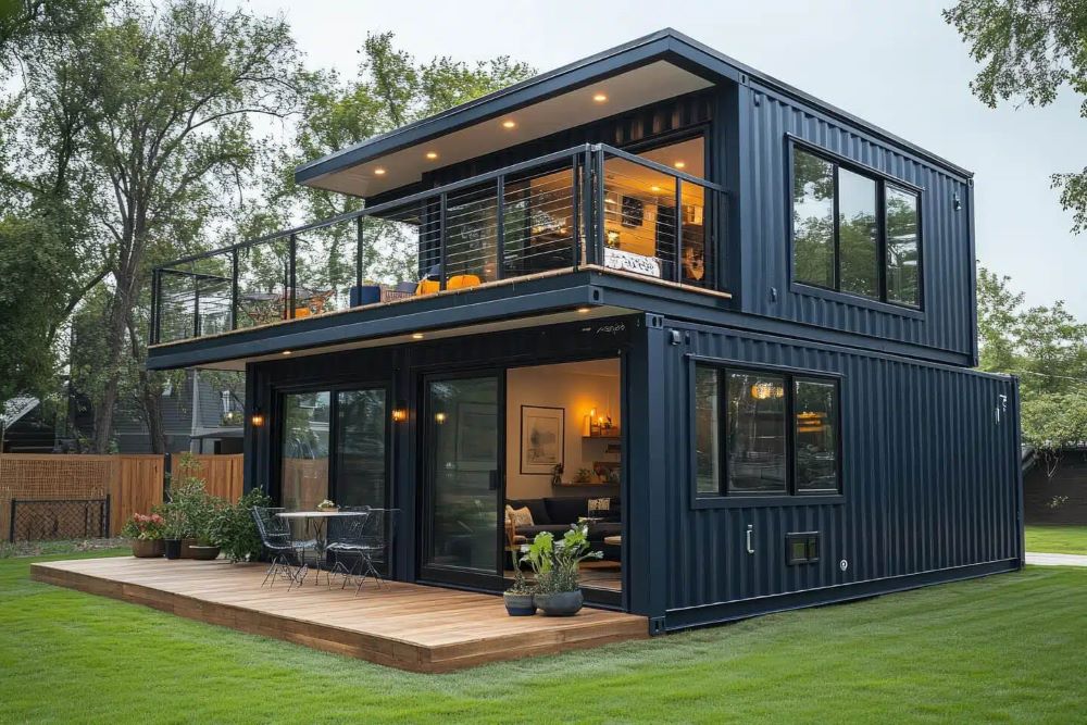 Maison individuelle construite en containers maritimes avec bardage bois et jardin