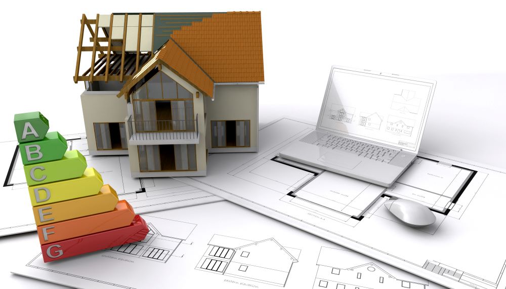 Détail de construction d'une maison passive avec isolation renforcée, triple vitrage et système VMC double flux