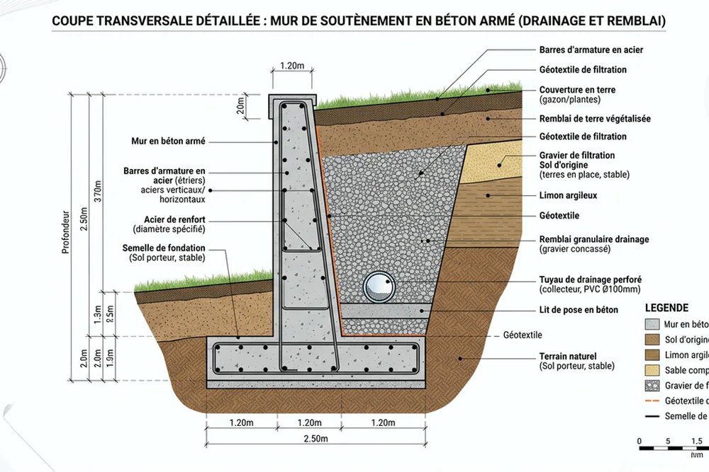 Mur de soutènement maçonné en béton retenant un dénivelé de terrain et nécessitant un plan de coupe précis