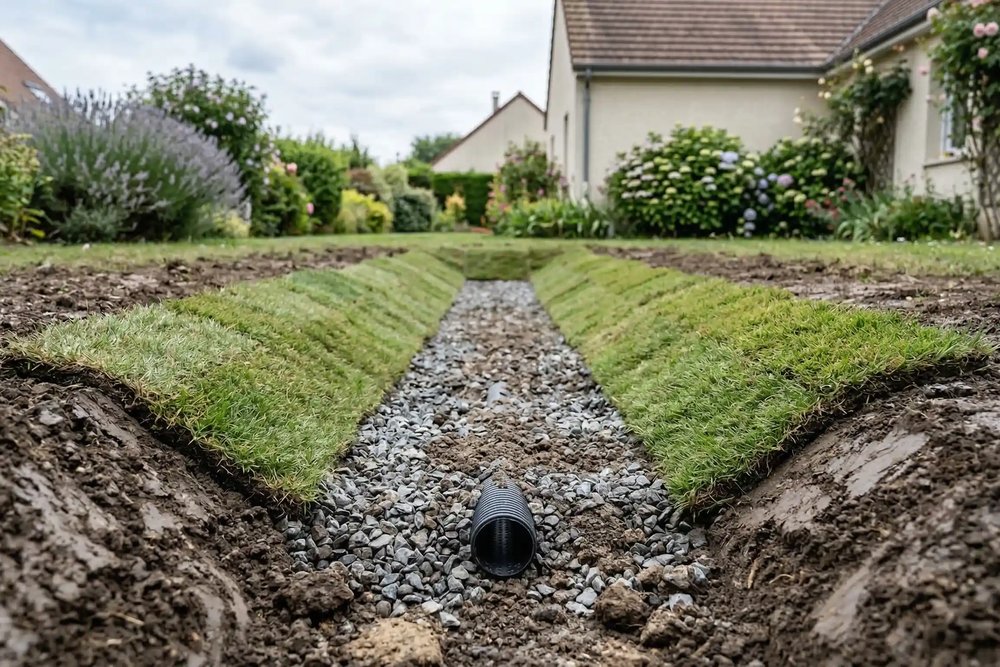 Noue paysagère d'infiltration et aménagement de gestion des eaux pluviales sur un terrain de construction
