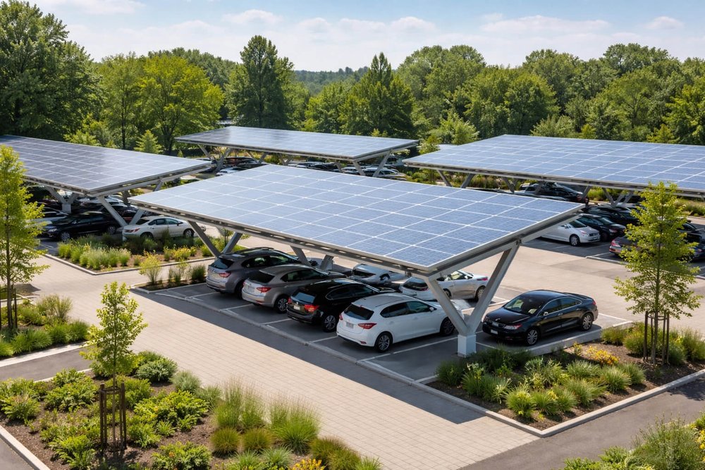 Ombrière photovoltaïque installée au-dessus d'un parking avec panneaux solaires en toiture