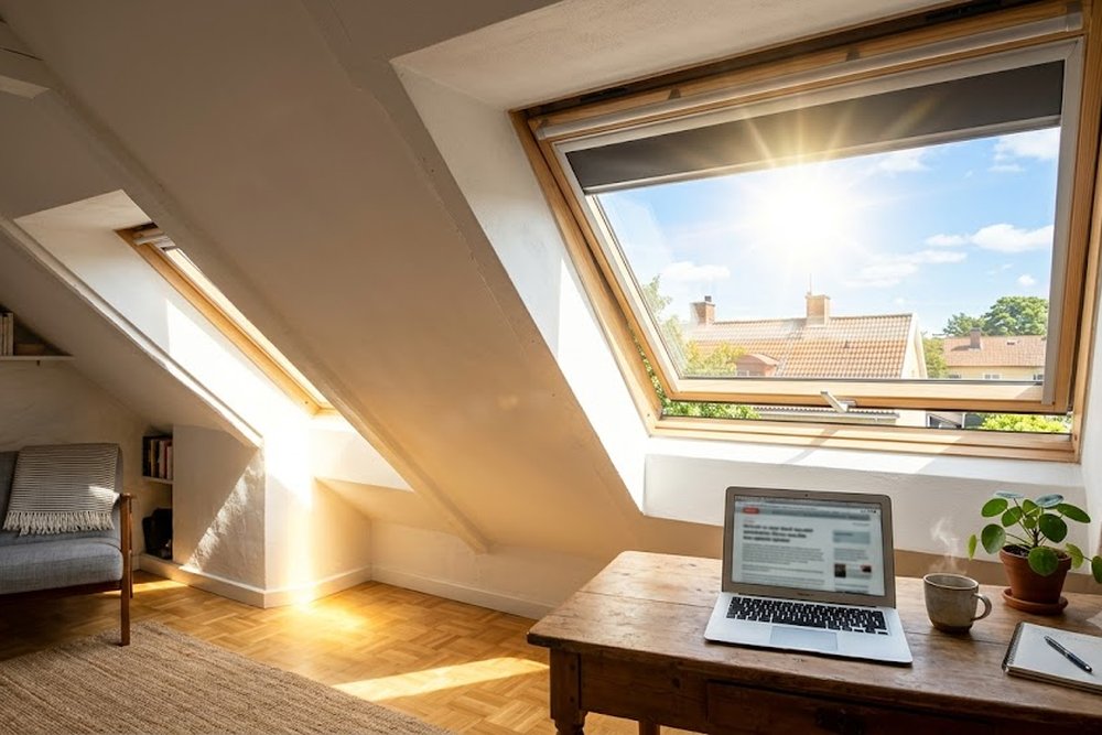 Fenêtre de toit orientée sud recevant un ensoleillement direct nécessitant une protection solaire adaptée