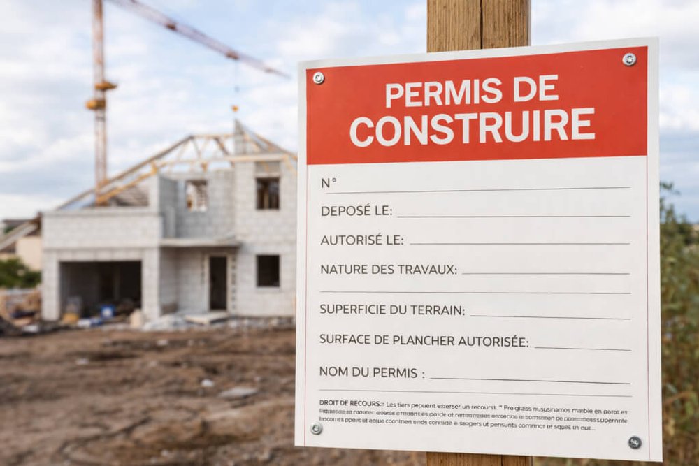 Panneau d'affichage du permis de construire installé sur un terrain conformément à la réglementation