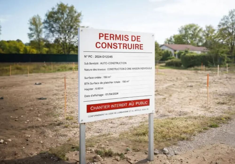 Panneau réglementaire de permis de construire affiché sur un terrain avec toutes les mentions obligatoires pour le délai de recours