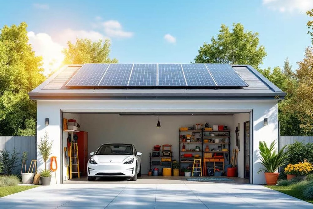 Panneaux solaires photovoltaïques posés sur la toiture d'un garage individuel modifiant l'aspect extérieur