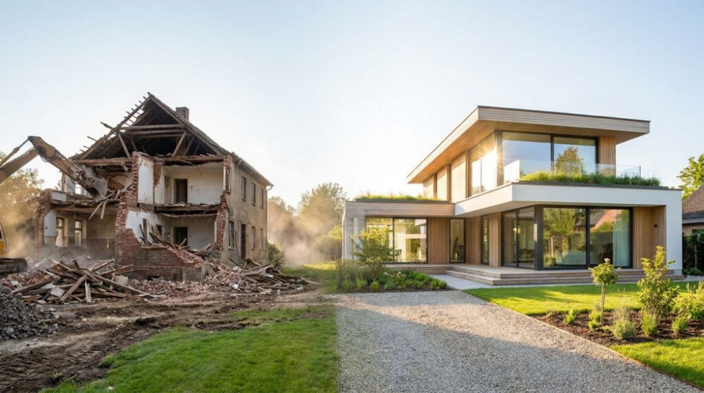 Terrain nu après démolition d'une maison vétuste avec fondations de la nouvelle construction en cours