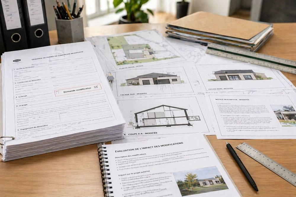 Chantier de construction avec plans modifiés en cours de travaux nécessitant un permis modificatif