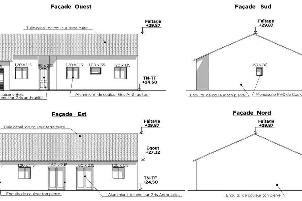 Plan de façade architectural montrant le dessin détaillé des ouvertures et le calepinage des nouvelles fenêtres pour un dossier d'urbanisme