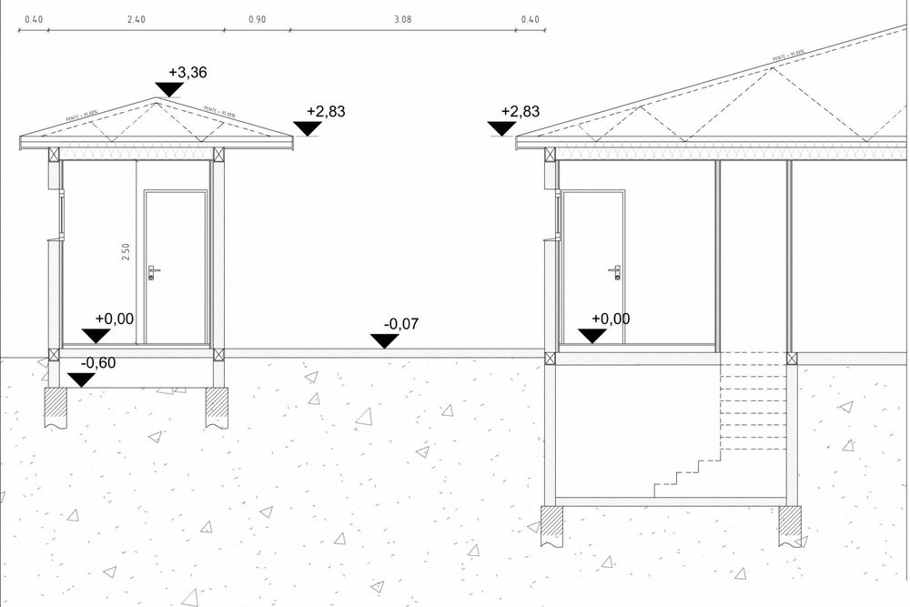 Plan technique côté et coupe de principe d'un pool house maçonné réalisés par un dessinateur en bâtiment