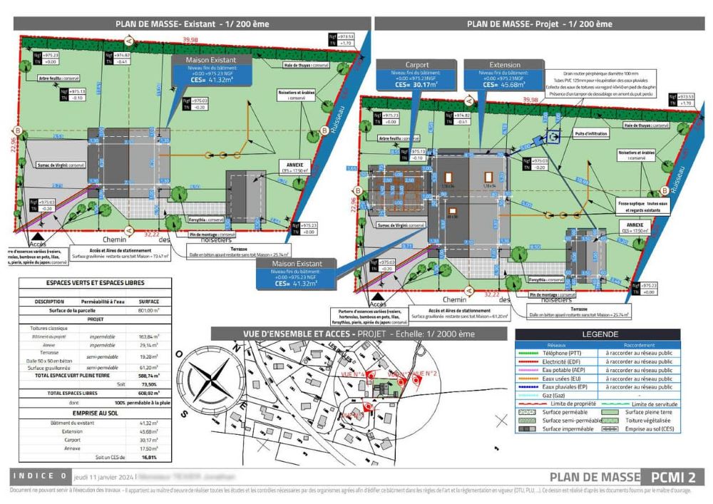Plan de masse d'une extension de maison distinguant la construction existante et la partie projetée avec cotations