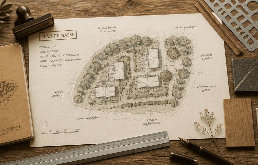 Plan de masse d'un permis de construire montrant l'implantation d'une maison sur sa parcelle avec cotations et distances aux limites