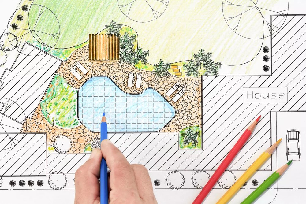 Plan de masse technique d'un projet de piscine rectifié avec cotations d'implantation conformes au règlement d'urbanisme