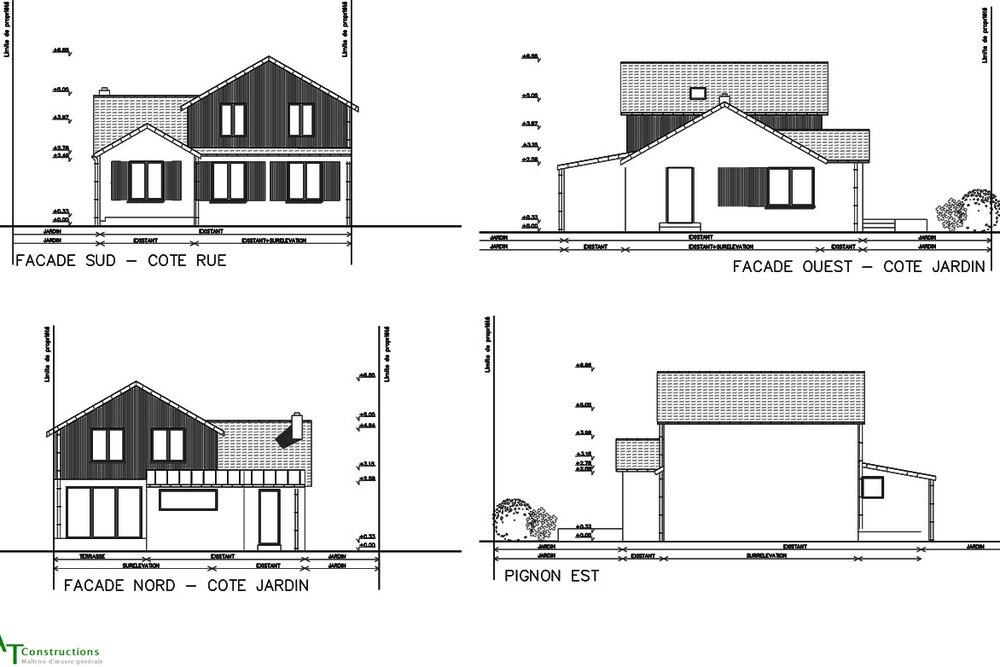 Dessin technique d'une façade montrant une surélévation de toiture avec cotations et respect des gabarits